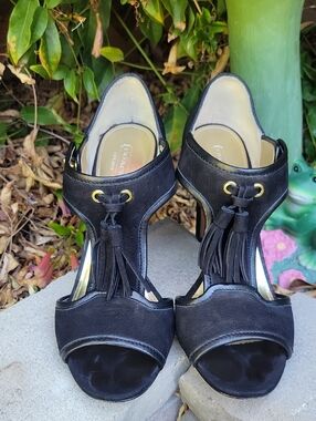 Coach Tristen Turnlock Black Suede Tassel Peep-Toe Heels 11